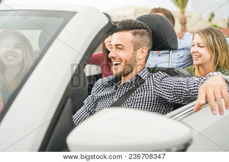 Happy Friends Having Fun In Convertible Car On Summer Vacation - Young People Laughing And Smiling D