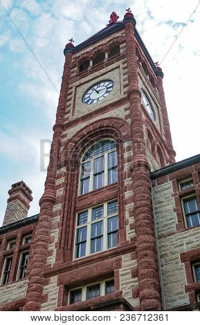 Cuero, Texas - September 5, 2017 - An Up Close View Of The Front Middle Tower Of The Historical Land