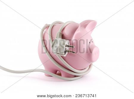 Energy Savings concept. Piggy bank with power plug. Clipping path included. 
