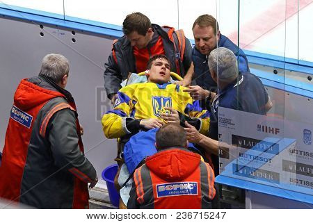 Kyiv, Ukraine - April 17, 2018: Hlib Krivoshapkin Of Ukraine Lies On Stretchers After Injured During