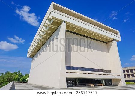 Austin, Texas - September 17, 2017- An Angled View Of The Front Of The The Lyndon B Johnson (lbj) Li