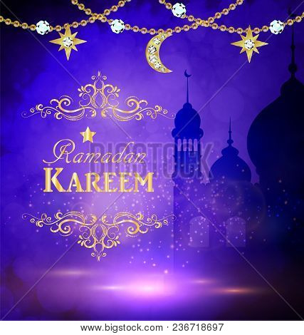 Mosque Silhouette Background In Sunset Sky And Golden Moon And Stars For Ramadan Of Islam Vector
