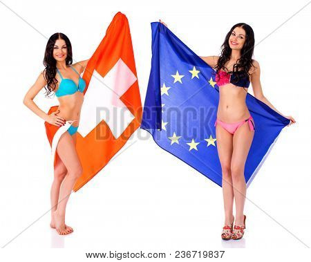 Collage Young beautiful brunette women in blue bikini holding a large flag of Switzerland and European, isolated on white background