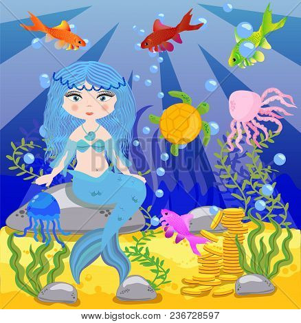 Vector Background With An Underwater World In A Children's Style. A Mermaid Is Sitting On A Rock. Wo