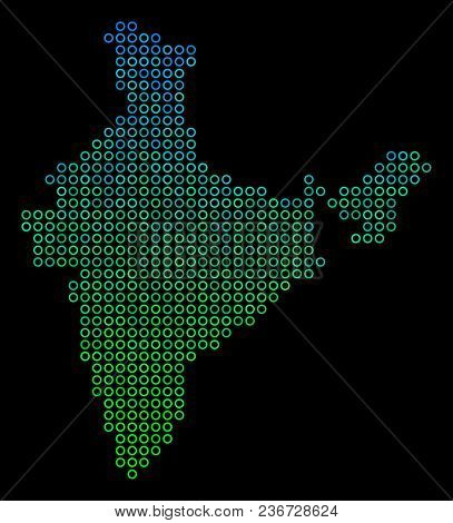 Dotted Gradient India Map. Vector Territory Map In Green And Blue Gradiented Color Hues On A Black B
