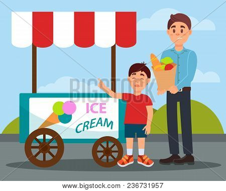 Capricious Child Asking His Father To Buy Ice Cream Vector Illustration In Flat Style, Web Design