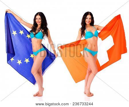 Collage Young beautiful brunette women in blue bikini holding a large flag of Switzerland and European, isolated on white background