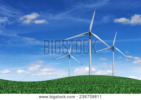 Wind Power Plants In The Field On A Blue Sky Background.