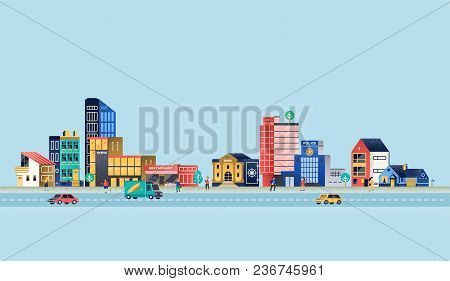 Urban Landscape With Modern Buildings, Offices, Police Department, Restaurant. Vector Illustration