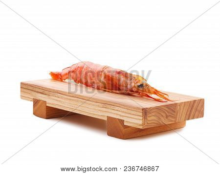 Argentine Red Shrimp On A Wooden Bred. Shrimp And Lemon Flatlay