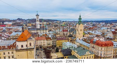 Aerial View Of Old European City. Birds Eye View. Wide Angel