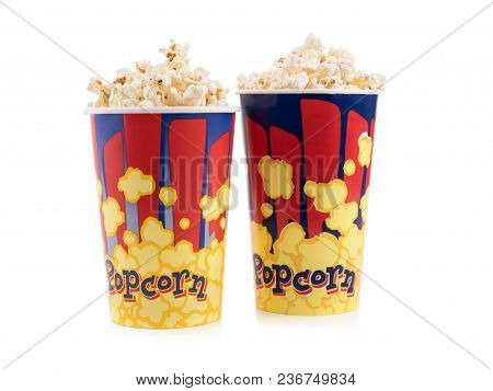 2 Bucket Of Poprocn On A White Background.