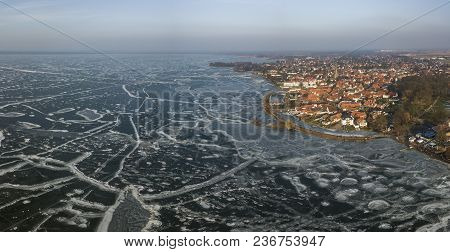 Aerial View Of The Frozen Steinhude Lake In Lower Saxony, Germany