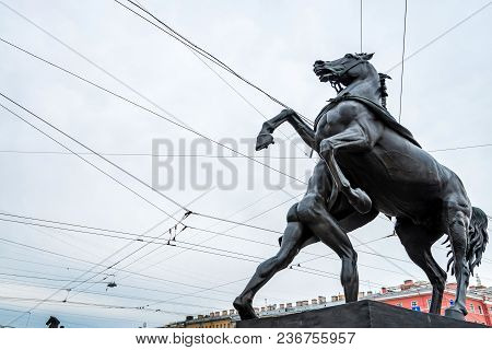 Horse Tamer Sculpture On Anichkov Bridge In Saint Petersburg