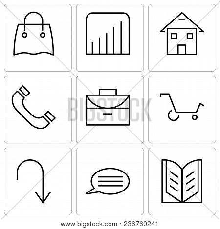 Set Of 9 Simple Editable Icons Such As Open Book, Speech Bubble With Text, Arrow Pointing To Down, S