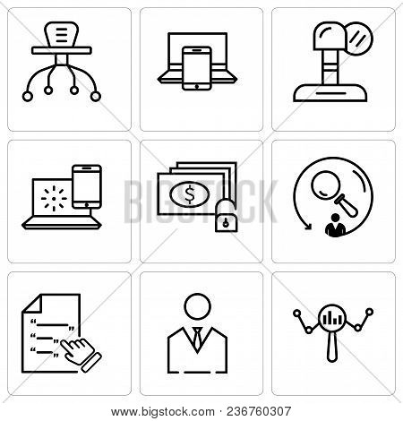 Set Of 9 Simple Editable Icons Such As Search, Business Man, Contract, Searching, Money And Key, Int