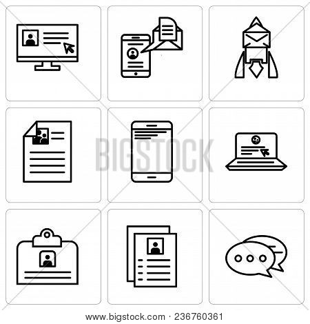 Set Of 9 Simple Editable Icons Such As Chat, Flyer, Contact Id Card, Laptop And Mail, Smartphone, Em