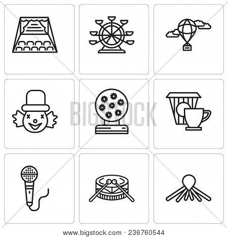 Set Of 9 Simple Editable Icons Such As Balloon Dog, Drums, Microphone, Coffee, Magic Ball, Clown, Ho