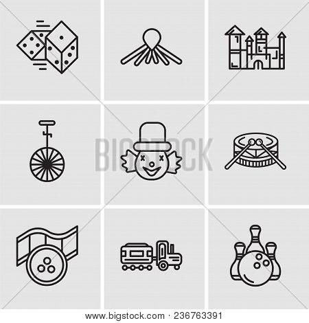 Set Of 9 Simple Editable Icons Such As Bowling, Kid, Movie, Drums, Clown, Circus, Disneyland, Balloo