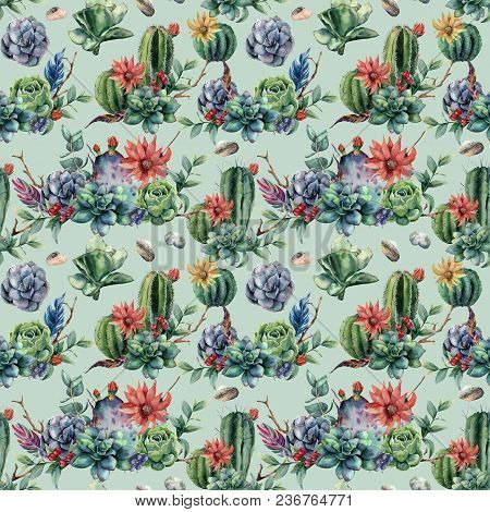Watercolor Seamless Patttern With Cactuses And Many Flowers. Hand Painted Cereus, Succulent, Berries