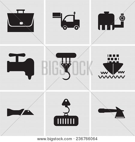 Set Of 9 Simple Editable Icons Such As Hatchet, Crane With Load, Knife, Ship, Crane, Crane, Water Ta