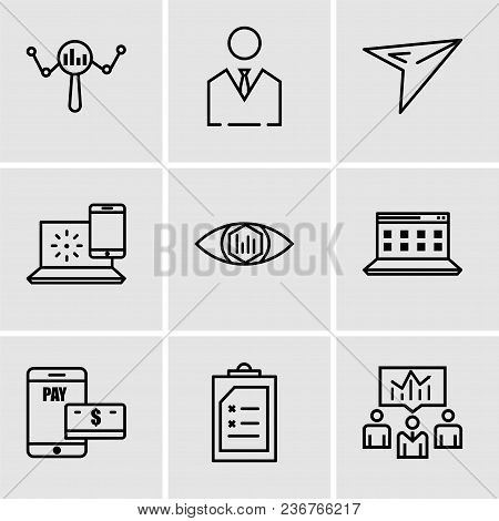Set Of 9 Simple Editable Icons Such As Business Men, Document, Payment, Computer, Analytic View, Int