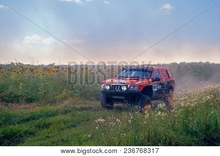 Ruse District, Bulgaria - July 21, 2017. Ivanovo Village Area, Ruse Region, Bulgaria, Red Rally Car 
