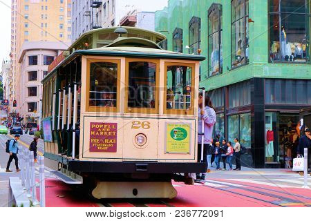 April 3, 2018 In San Francisco, Ca:  The Cable Car Which Is A Historical City Landmark And Originall