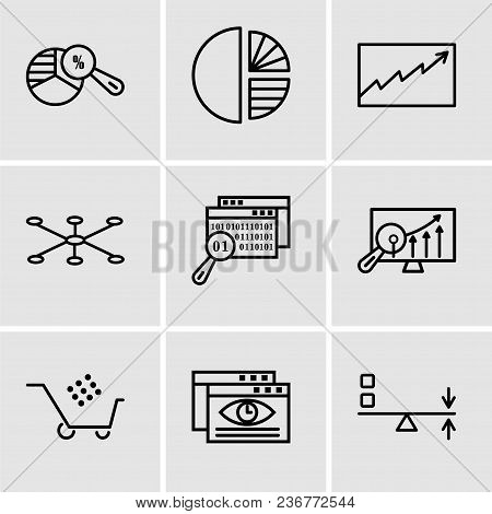 Set Of 9 Simple Editable Icons Such As Sun Flare, Data Viewer, Cart Graphic, Analytics Settings, Dat