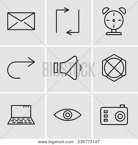 Set Of 9 Simple Editable Icons Such As Photo Camera, Eye, Laptop, Arrow Pointing To Up, Volume Contr