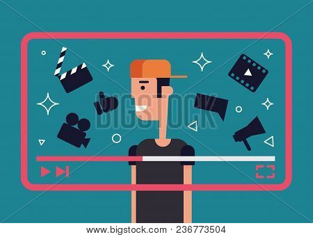 Flat Illustration Of Successful Video Blogger. Boy With Video Frame And Video Theme Icons - Camera, 