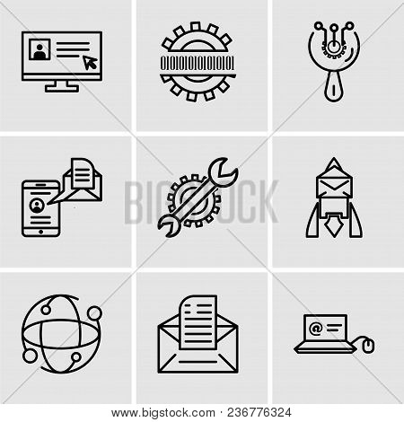 Set Of 9 Simple Editable Icons Such As Mail In Laptop, Email, Earth Globe, Email, Settings, Mail And