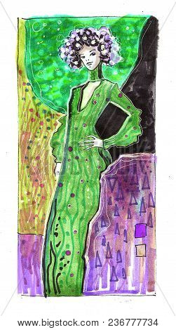 Curly Woman In Green. Abstraction. A Background From Yellow Violet And Black Color Fields