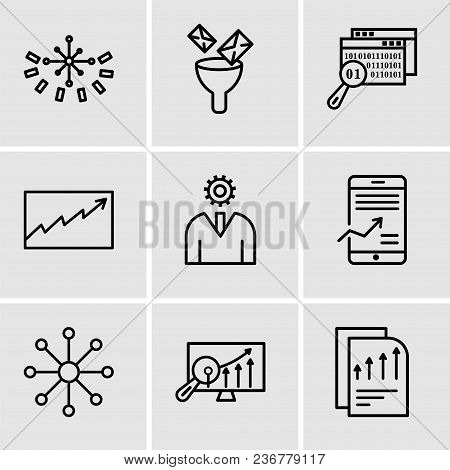 Set Of 9 Simple Editable Icons Such As Bars Chart Page, Analytics Settings, Balancing Data, Mobile S