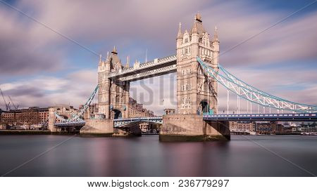 longterm exposure of the famous tower bridge in the city of London, Great Britain