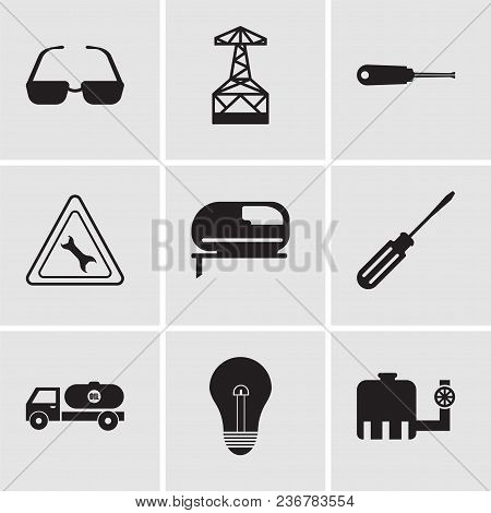 Set Of 9 Simple Editable Icons Such As Tipper, Bulb, Tipper, Screwdriver, Jigsaw, Wrench, Turn-screw