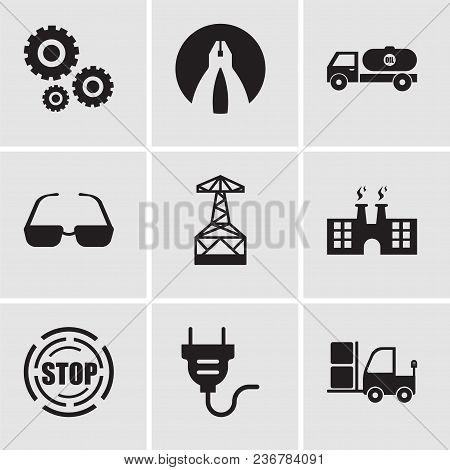 Set Of 9 Simple Editable Icons Such As Truck, Electrical Plug, Stop, Factory, Oil Derrick, Sunglasse