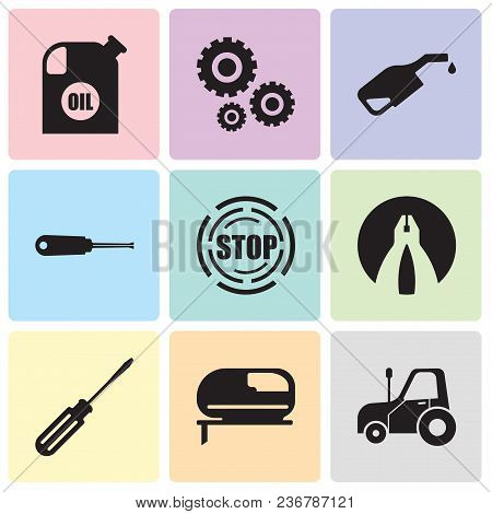 Set Of 9 Simple Editable Icons Such As Autotruck, Jigsaw, Screwdriver, Flat Plyer, Stop, Turn-screw,