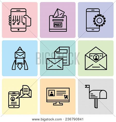 Set Of 9 Simple Editable Icons Such As Mail, Laptop And Cursor, Mail And Spartphone, Id And Mail, Ma