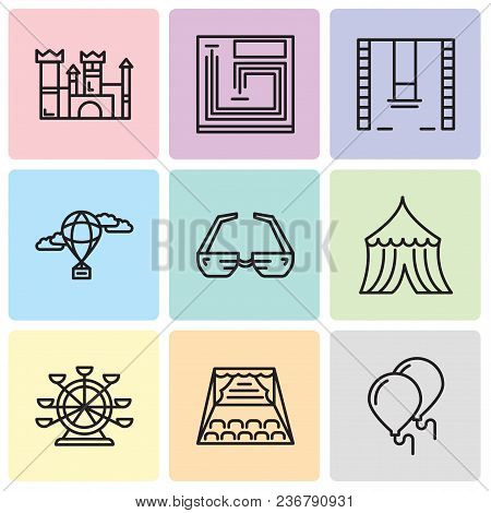 Set Of 9 Simple Editable Icons Such As Balloons, Stage, Ferris Wheel, Tent, 3d Glasses, Hot Air Ball