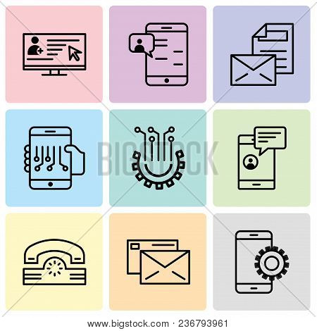 Set Of 9 Simple Editable Icons Such As Setup, Mail, Telephone, Chat In Smartphone, Settings, Smartph