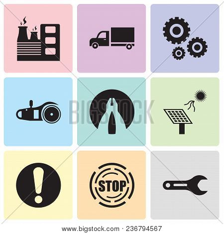 Set Of 9 Simple Editable Icons Such As Pipe Wrench, Stop, Exclamation, Solar Battery, Flat Plyer, El