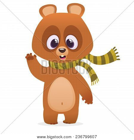 Funny Cartoon Brown Bear In A Skarf Smiling And Waving Hand. Vector Illustration Of A Bear Mascot Ch