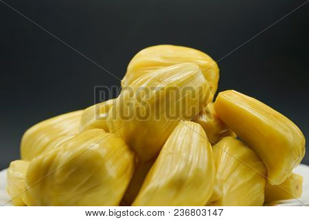Fresh Jackfruit Slices On A White Plate. Sweet Yellow Jackfruit Ripe. Vegetarian, Vegan, Raw Food. E