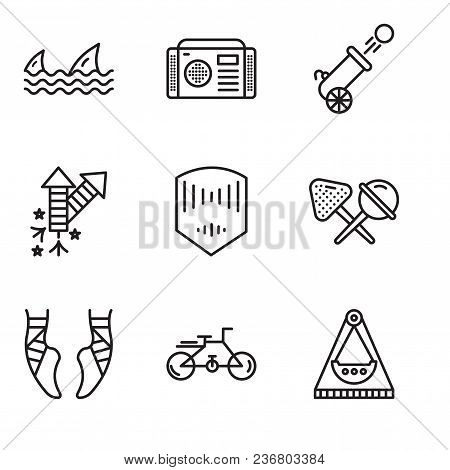 Set Of 9 Simple Editable Icons Such As Carousel, Bike, Ballet, Candy, Mask, Fireworks, Cannon, Radio