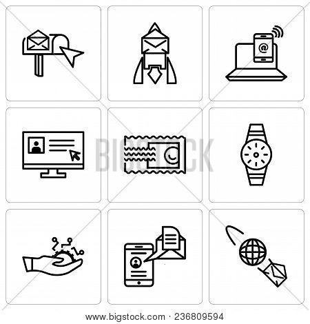 Set Of 9 Simple Editable Icons Such As Email Planet, Mail And Spartphone, Development, Smartwatch, S