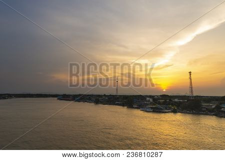 Beautiful Sunset At Bangtaboon Bay, Phetchaburi, Thailand.