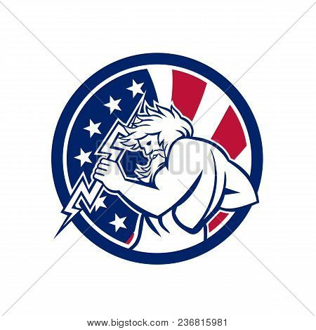 Icon Retro Style Illustration Of Greek God Zeus, God Of Sky And Thunder Holding Thunderbolt With Uni
