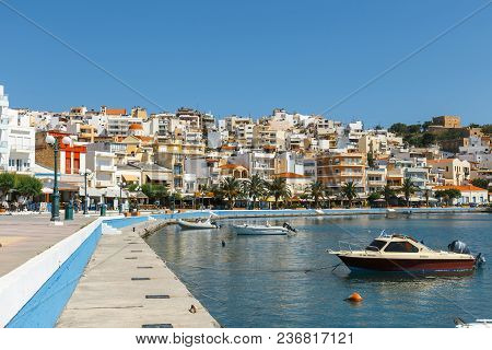 Sitia, Crete, Greece, June 11, 2917: Seaport Of Sitia Town With Moored Traditional Greek Fishing Boa