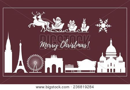 Santa Claus With Christmas Presents In Sleigh With Reindeers Over Famous Buildings And Constructions